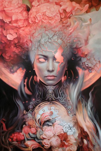 Surrealistyczny portret maski-kobiety w pięknym kwiecistym tle. Popękana maska i zegar na piersi symbolizują upływający czas