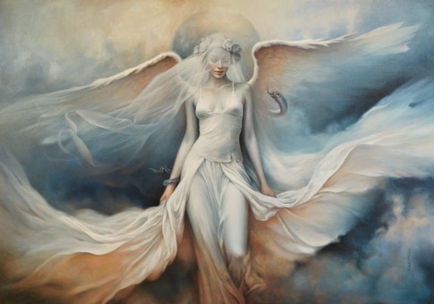 Surrealistyczny olejny portret kobiety-anioła w welonie panny młodej, kuszonej przez węża w stylu realizmu-magicznego