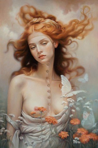 Surrealistyczny portret kobiety otoczonej kwiatami i motylami. Materialne ciało przedstawione jako ubranie dla duszy.