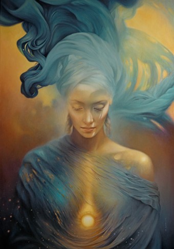 Surrealistyczny portret kobiety w zwojach niebieskiego, unoszącego się w powietrzu materiału z jaśniejącą duszą w sercu